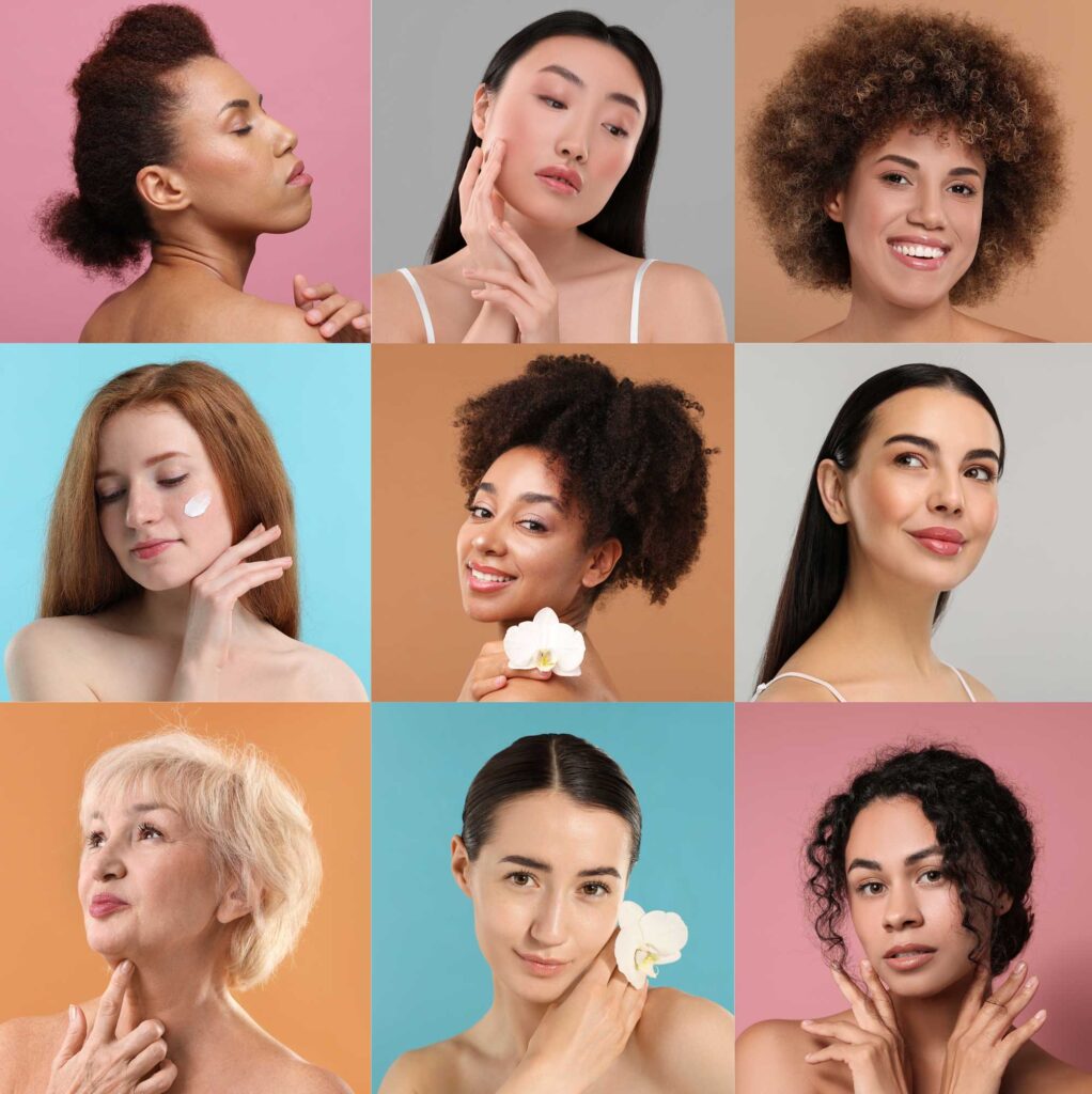 Diverse women posing in colorful skincare beauty portraits