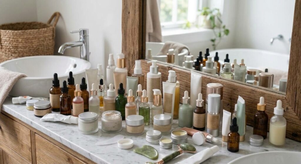 Cluttered bathroom vanity crowded with half-used skincare bottles, serums, and jars