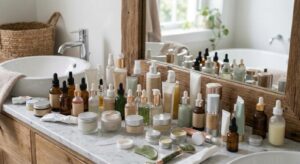 Cluttered bathroom vanity crowded with half-used skincare bottles, serums, and jars