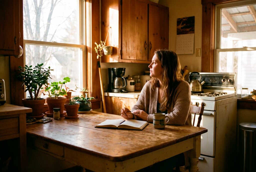 Woman writing at wooden kitchen table in sunlight