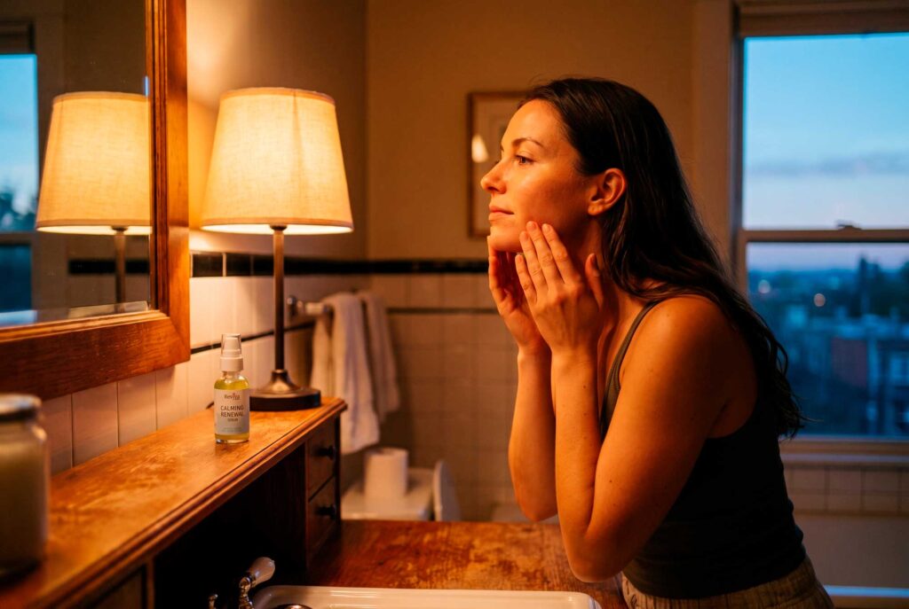 Woman applies facial serum while looking in bathroom mirror