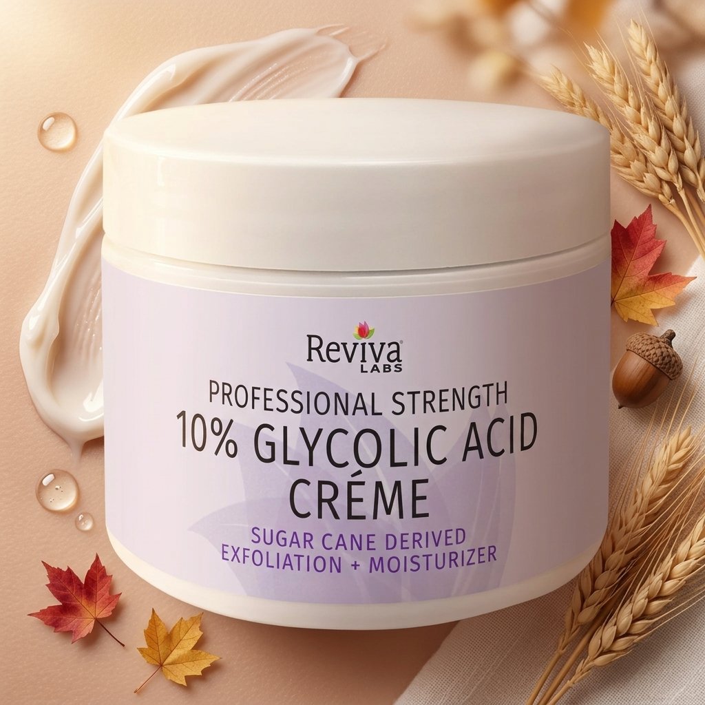 Reviva Labs 10% Glycolic Acid Creme jar with a swatch of creme and fall leaves