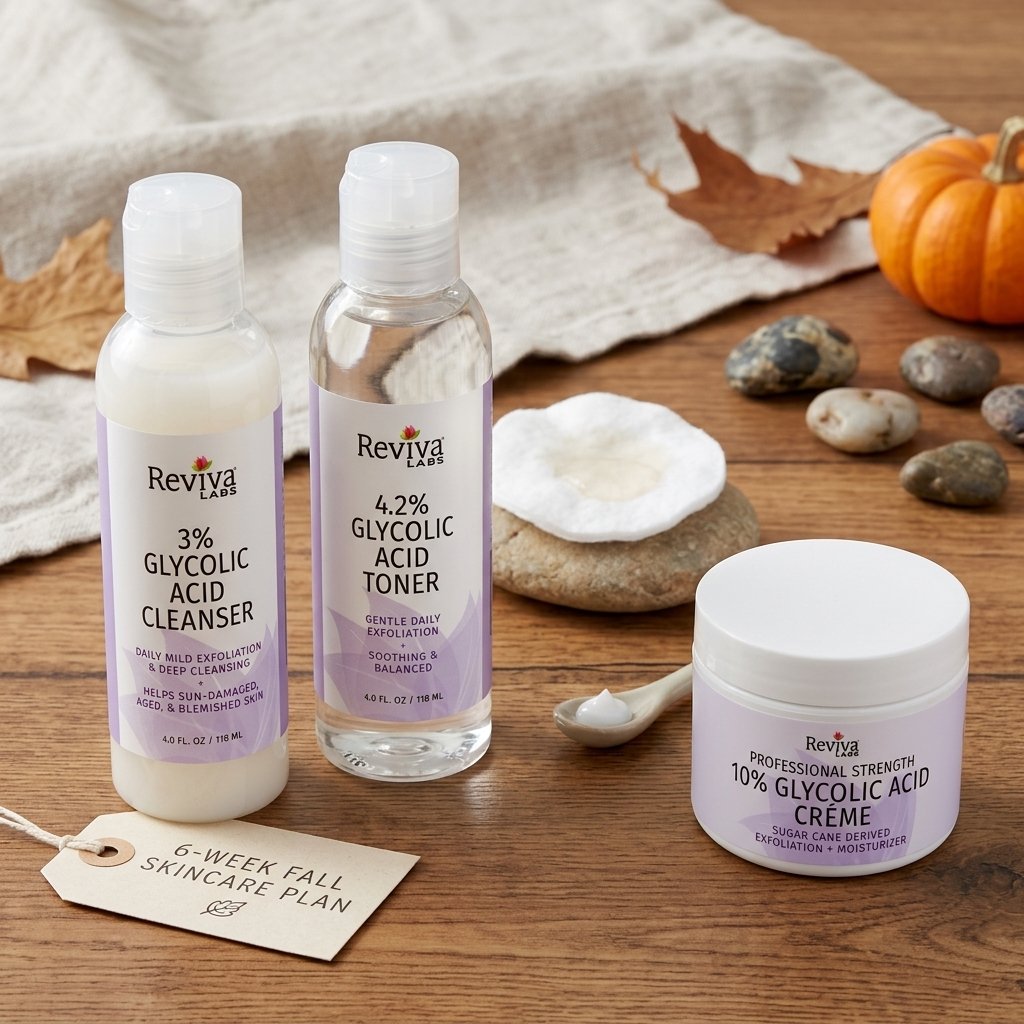 Reviva Labs Glycolic Acid Cleanser, Toner and 10% Glycolic Acid Creme arranged as a 6-week fall skincare routine