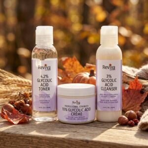 Reviva Labs Glycolic Acid Cleanser, Glycolic Acid Toner and 10% Glycolic Acid Creme in a warm fall setting
