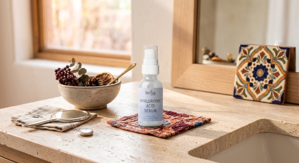 Reviva Labs #369 Hyaluronic Acid Serum on a sunlit bathroom counter
