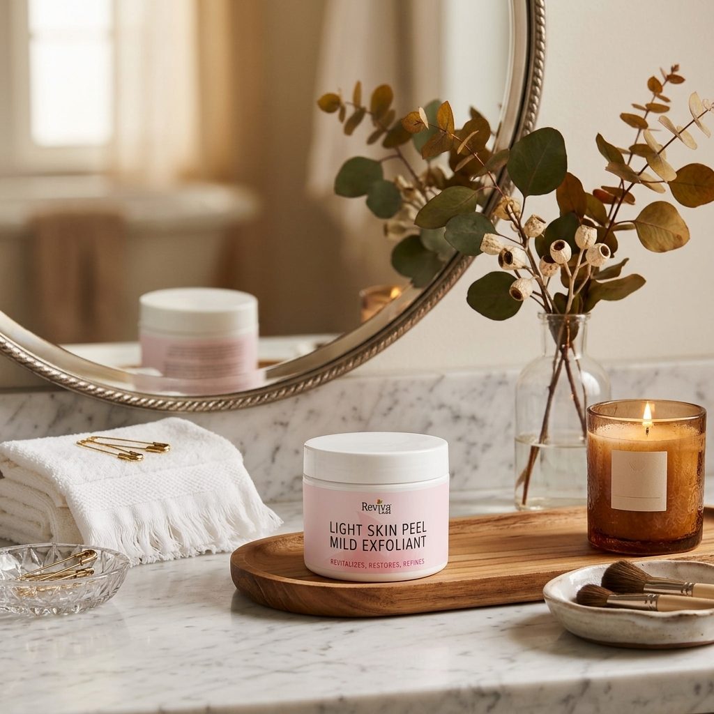 Reviva Labs Light Skin Peel Mild Exfoliant jar on a marble bathroom vanity for a pre-holiday skincare routine