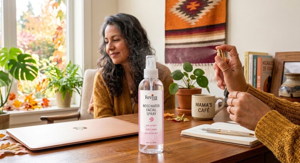 Woman misting her face with Reviva Labs #576 Rosewater Facial Spray at her desk